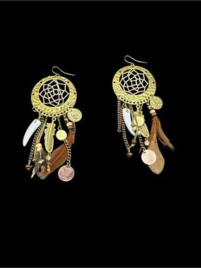 Vintage Southwest Dreamcatcher Feather Dangle Duster Earrings 4.5” Festival